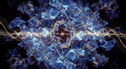 A complex, abstract digital artwork with blue and white geometric shapes and glowing lines.