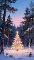 Glowing christmas tree of golden lights stands in snowy pine forest clearing at pastel sunset sky, gentle magical winter holiday atmosphere