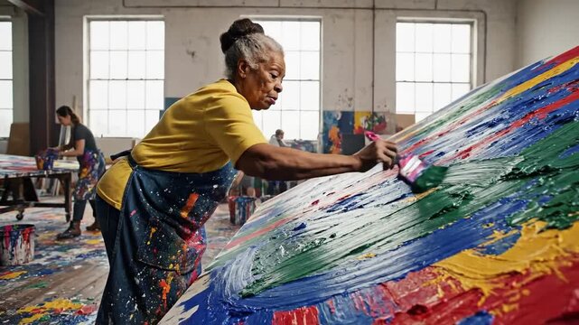 Senior artist painting abstract work in studio loft