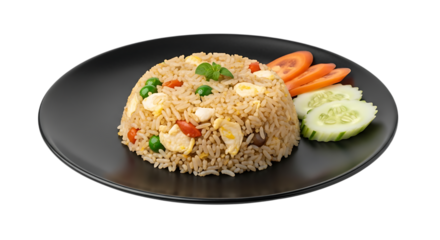 Delicious fried rice with vegetables on black plate