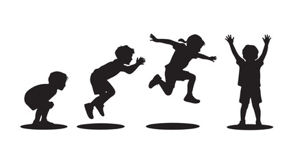 Black Silhouette of Boy Running and Jumping on White Background