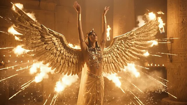 Cinematic Portrait of Ancient Egyptian Goddess with Golden Wings in Temple