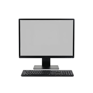 Modern flat screen computer monitor and keyboard isolated on transparent background