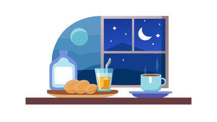 Vector scene of a pre-dawn meal (Suhoor) with tea, bread, and water, window showing the moon, early morning atmosphere.