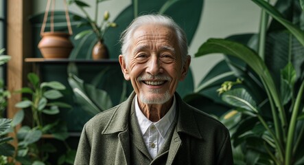green modern happy on indoor botanical garden background old elderly man portrait fashion style concept photoshoot for banner
