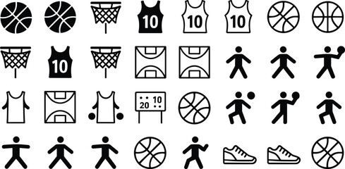 Basketball sport icons including balls nets jerseys players court shoes and scoreboard collection © SUMAIA