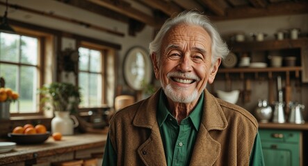 green retro happy on rustic farmhouse interior background old elderly man portrait fashion style concept photoshoot for banner