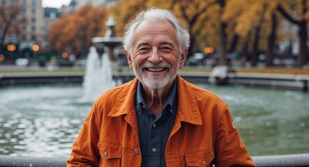 orange casual happy on city park fountain background old elderly man portrait fashion style concept photoshoot for banner