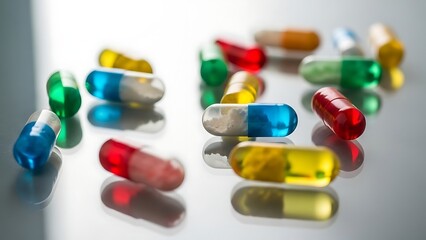 Multi-colored capsules scattered on a reflective surface, viewed from a slight angle