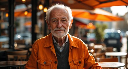 orange casual posing on sunlit outdoor cafe background old elderly man portrait fashion style concept photoshoot for banner