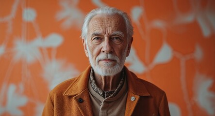 orange modern posing on bright fashion studio wall background old elderly man portrait fashion style concept photoshoot for banner