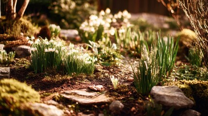 Fototapeta premium Spring flowers in a garden bed with rocks and moss.