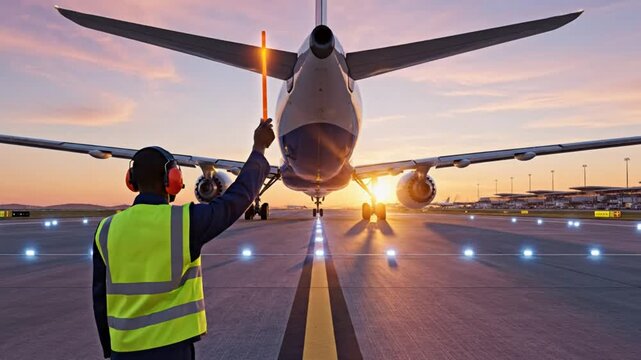 Airport worker directs large passenger aircraft on runway during a beautiful sunset with pink and orange hues