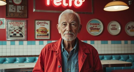 red retro posing on retro diner wall background old elderly man portrait fashion style concept photoshoot for banner