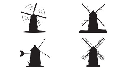 Black Windmill Silhouettes Isolated on White Background