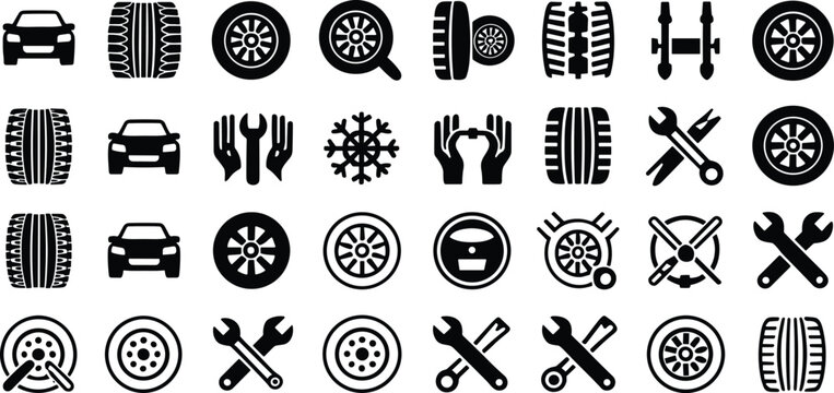 Car repair and maintenance icons with tools and tires Keywords: car, repair, maintenance, icons
