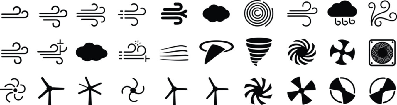 Collection of black wind and air flow icons and symbols on white background breeze gust