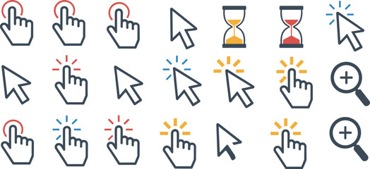 Collection of Cursor and Click Icons with Hourglass and Magnifying Glass mouse pointer