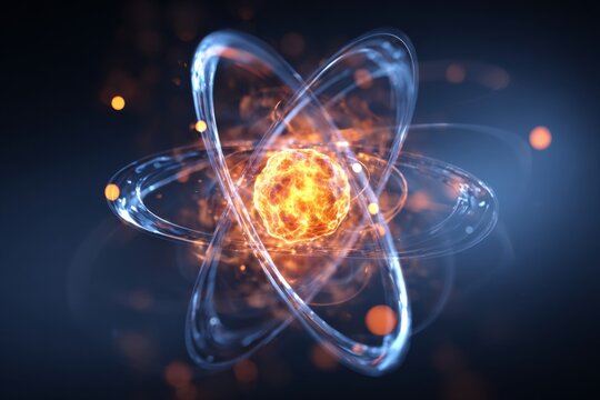 Abstract representation of atom with glowing electrons orbiting a vibrant nucleus in a dark cosmic background
