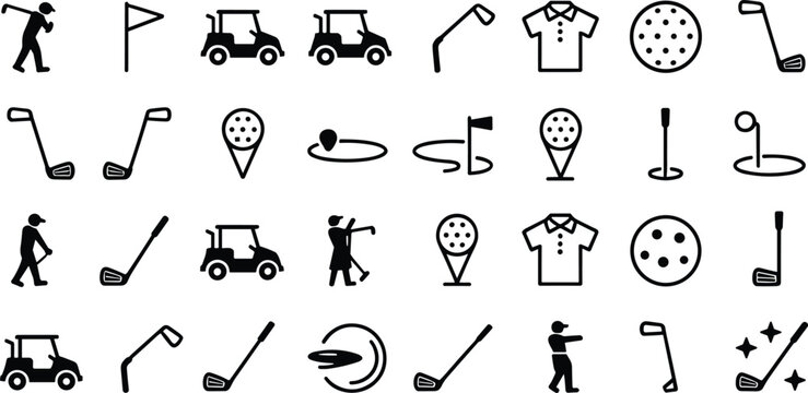 Golf sport icons set with clubs balls and players Keywords: golf, sport, icon, set, clubs, balls