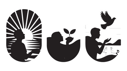 Silhouette People Meditating in Nature with Sun, Plant and Bird