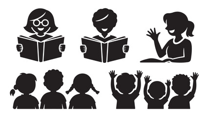 Teacher Reading Books to Children in Classroom Silhouette