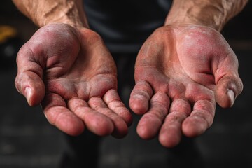 Fototapeta premium Hands are open and show calluses and chalk after lifting weights in a gym setting during evening hours