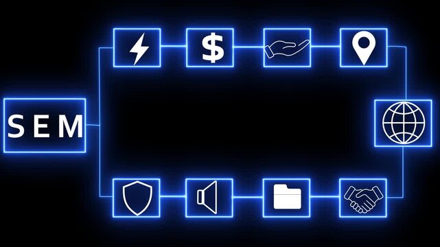 Search Engine Marketing concept diagram with for energy finance hand location shield speaker folder and handshake connected by blue neon lines on black background Keywords: SEM, Search Engine