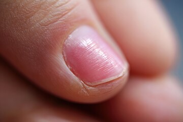 Close-up shows a person's fingernail with a soft pink tone and visible texture in natural light. Focus on detail of the nail