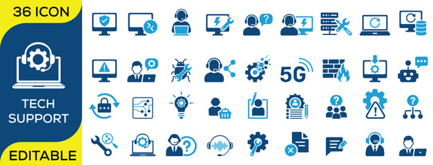 Modern IT support and technology icon set including customer service, cybersecurity, server management, cloud computing, 5G network, troubleshooting, data protection, and technical assistance. Flat ed