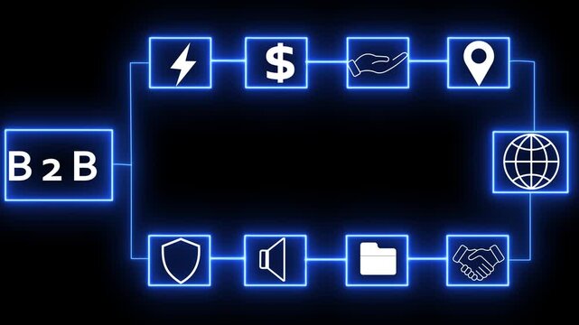 Business to Business B2 B diagram with glowing blue neon representing finance, partnership, and global reach on a dark background Keywords: B2 B, business to business, diagram, flowchart, neon