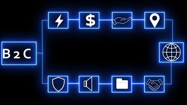 Business to Consumer B2 C diagram with glowing blue neon for finance, partnership, and global reach against a dark backdrop Keywords: B2 C, business to consumer, diagram, flowchart, neon, blue