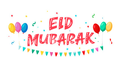Festive vector banner for Eid Al-Fitr with balloons, confetti, and "Eid Mubarak" calligraphy, colorful and joyful.