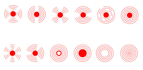 Red Radar Signal Icon Set &ndash; Circular Wave Alert Symbols Collection