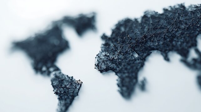 A close-up view of a 3D wireframe map of the world, showcasing intricate connections and a modern design aesthetic. - Powered by Adobe
