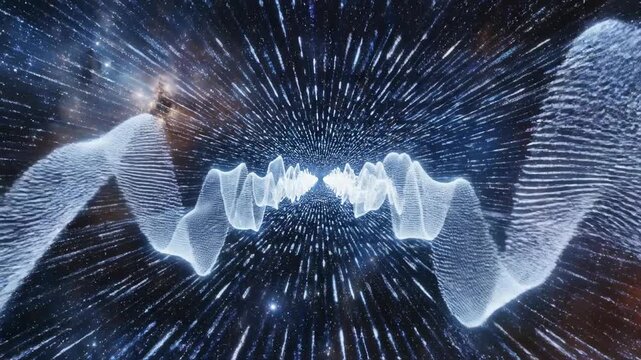 Chaotic cosmic energy particles rapidly merging and consolidating into structured, high-frequency energy waves simulating exponential data organization physics, rapidly merging, connectivity