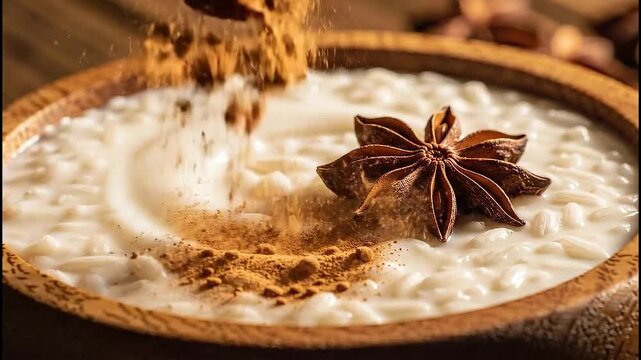 Sprinkling of cinnamon powder on creamy rice pudding with star anise in a wooden bowl delicious dessert