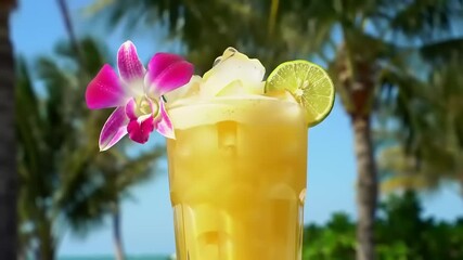 Tropical cocktail with orchid garnish.