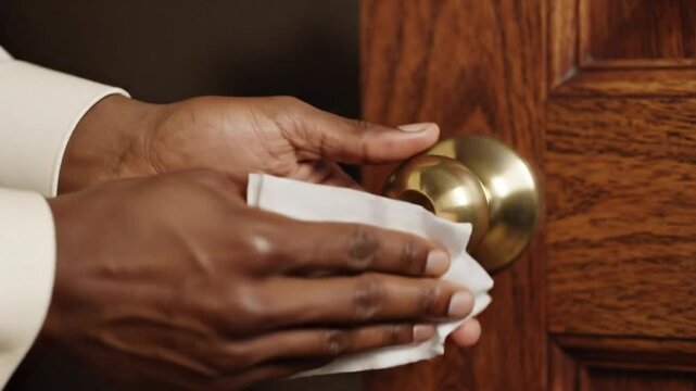 Person sanitizing doorknob with disinfectant wipe to prevent virus transmission and protect against germs