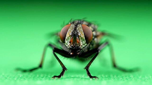 Close up macro view of a common housefly resting on a vibrant green surface with focused details and perspective