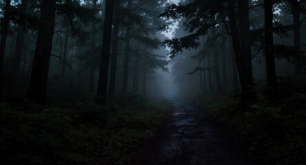 Fototapeta premium A misty, dark forest scene with a dirt path winding into the foggy distance