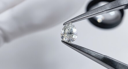 A pear-shaped gemstone is held by tweezers near a magnifying glass