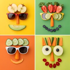 Creative Fruit and Vegetable Faces Collage, Funny Food Characters with Sunglasses, Colorful Healthy Food Concept.