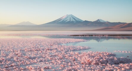 A pink salt lake reflects snow-capped mountains at sunrise, creating a serene, wide vista