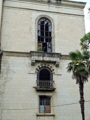 Fototapeta premium abandoned urban architecture, an old, tall building with broken windows and plants, adorned with decorative elements
