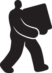 Naklejka premium Manual worker carrying heavy cardboard box delivery service vector icon on transparent background