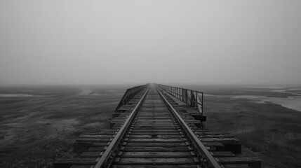 Foggy railway tracks stretch into the distance.