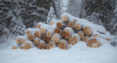 A snow-covered stack of freshly cut logs in a winter forest setting