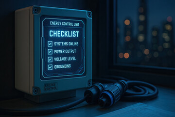 Energy control control panel energy system power output voltage level grounding digital display checklist electricity night Energy control control panel energy system power output voltage level