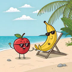 Cute Cartoon Fruits Relaxing on Tropical Beach, Funny Apple and Banana Characters, Summer Vacation Illustration.